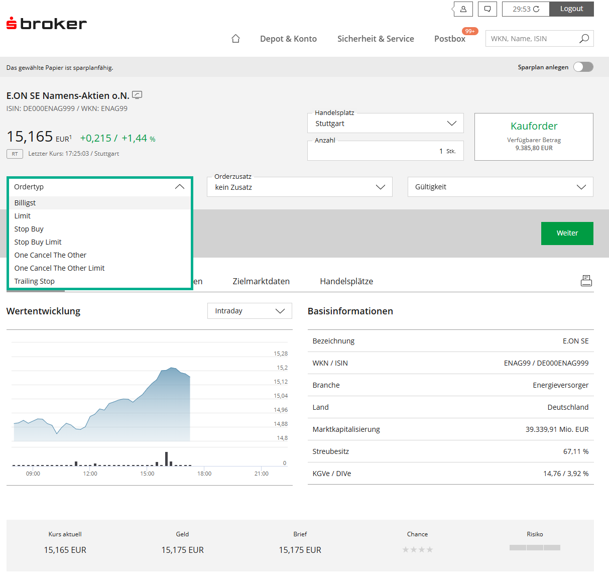 Handelsfrontend Ordertypen