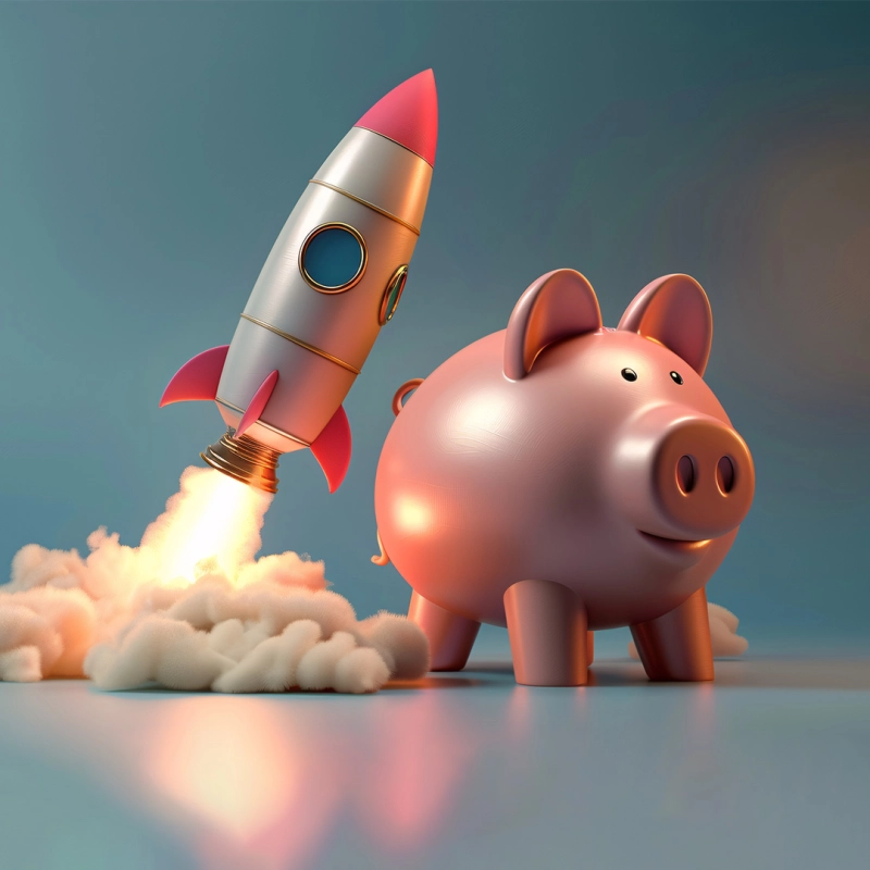 Sparschwein mit startender Rakete. 